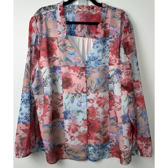 Soft Surroundings Women’s 3X Anastasia Blue Floral Patchwork Blouse Button A34 - Picture 1 of 8